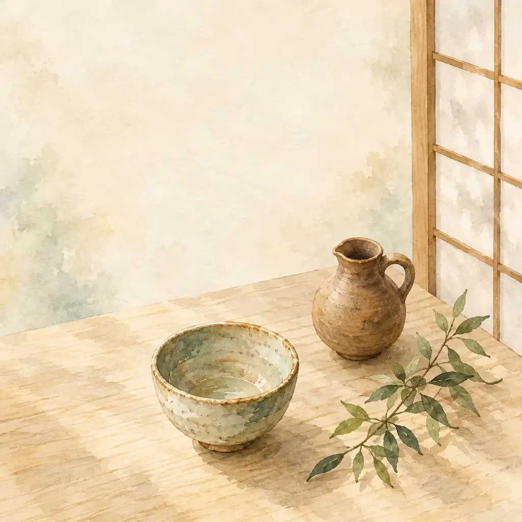 Akwarelowa ilustracja ceramicznej czarki, glinianego dzbanka i gałązki zieleni na jasnym blacie.