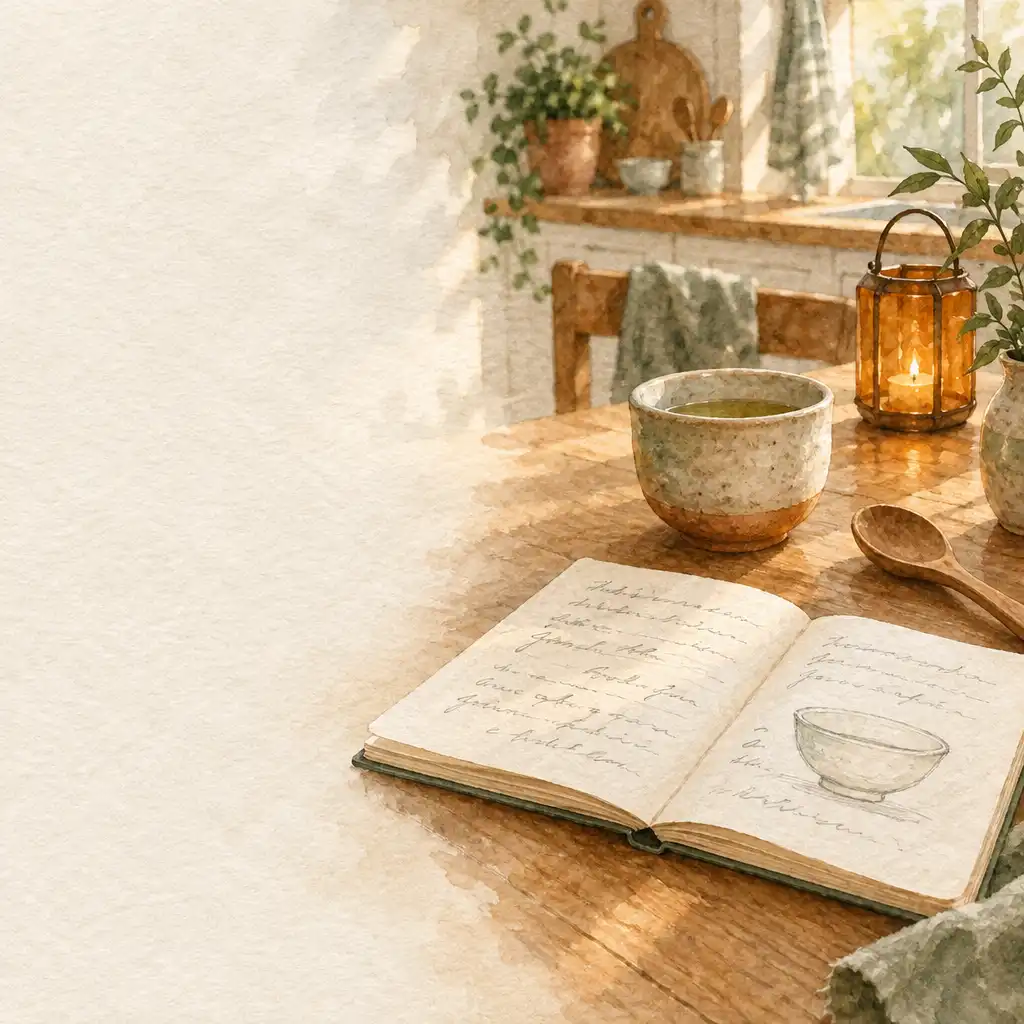 Akwarelowa ilustracja otwartego notatnika, ceramicznej czarki i drewnianej łyżki na blacie małej jadłodajni.