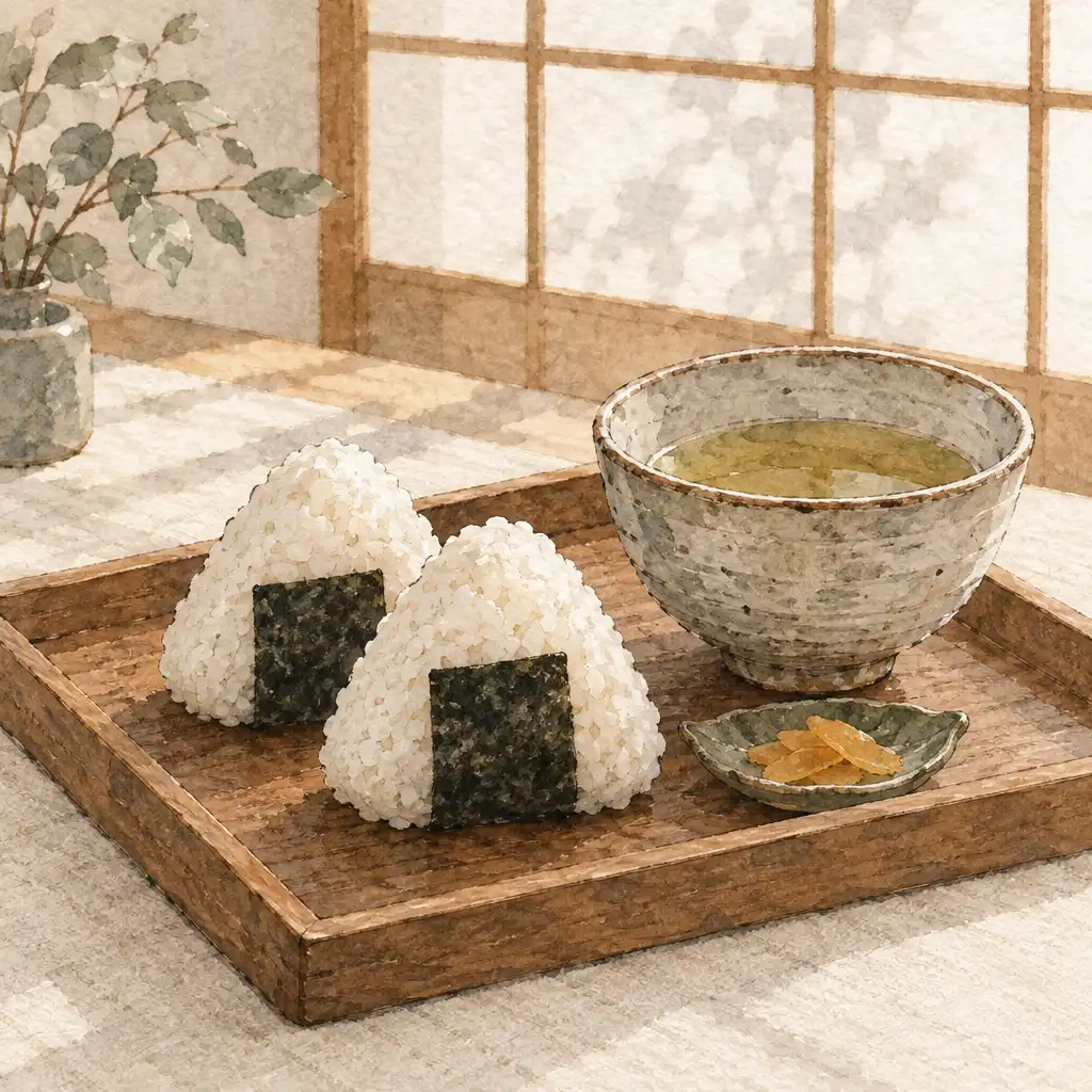 Akwarelowa ilustracja dwóch onigiri obok ceramicznej miski na małej drewnianej tacy.