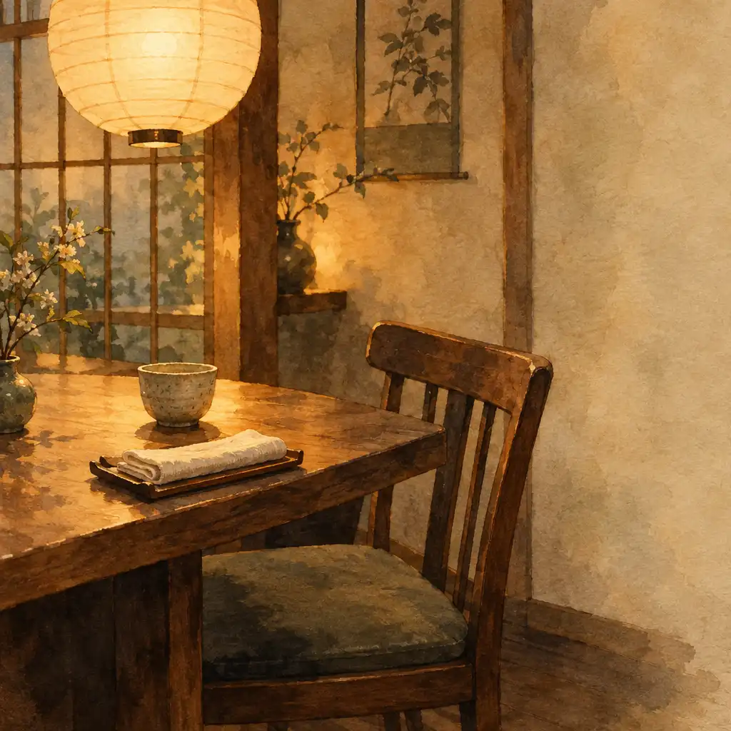 Autorska akwarelowa ilustracja pustego drewnianego krzesła przy stoliku z ceramicznym naczyniem w ciepłej, cichej restauracji.