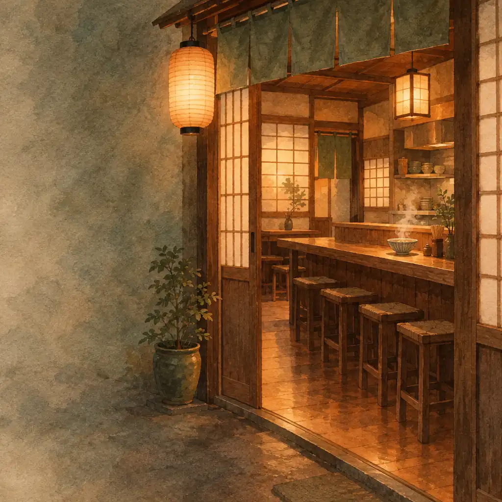 Autorska akwarelowa ilustracja ciepłego wnętrza małej restauracji z kontuarem, miską i papierowym lampionem, bez ludzi.