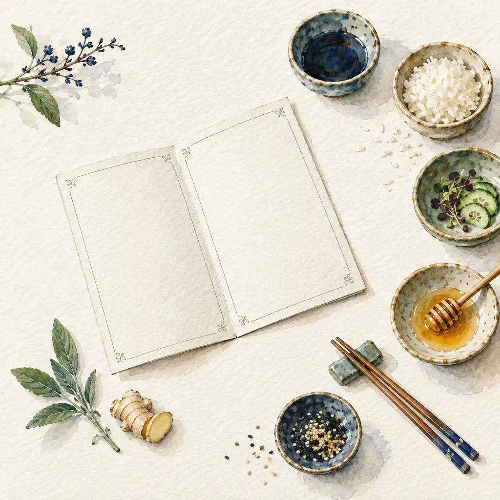 Akwarelowa otwarta karta menu obok ceramicznych naczyń i pałeczek.