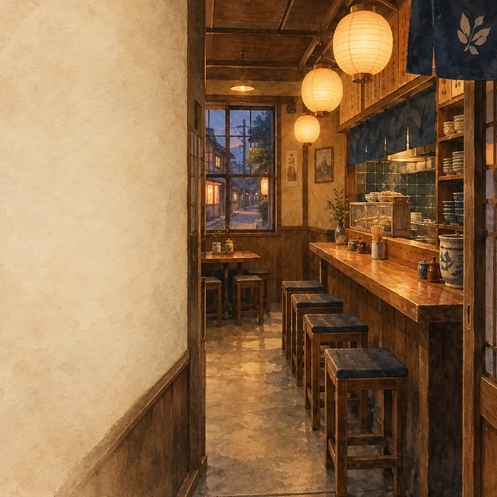 Akwarelowa ilustracja wnętrza niewielkiej sąsiedzkiej restauracji z drewnianą ladą, stołkami i papierowymi lampionami.